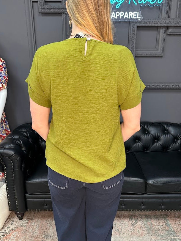 olive airflow top, lightweight fall top, green blouse, relaxed fit short sleeve, keyhole back top, breathable crinkle top