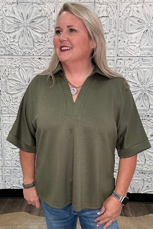 Olive Collared V-Neck Knit Top