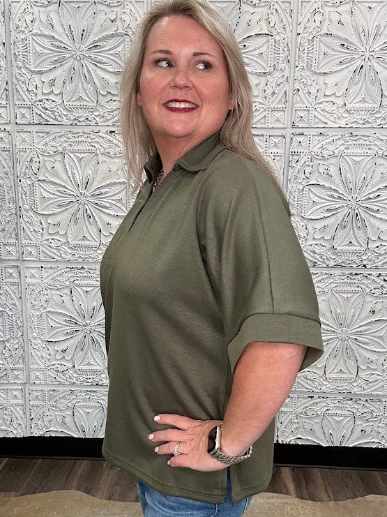 Olive Collared V-Neck Knit Top