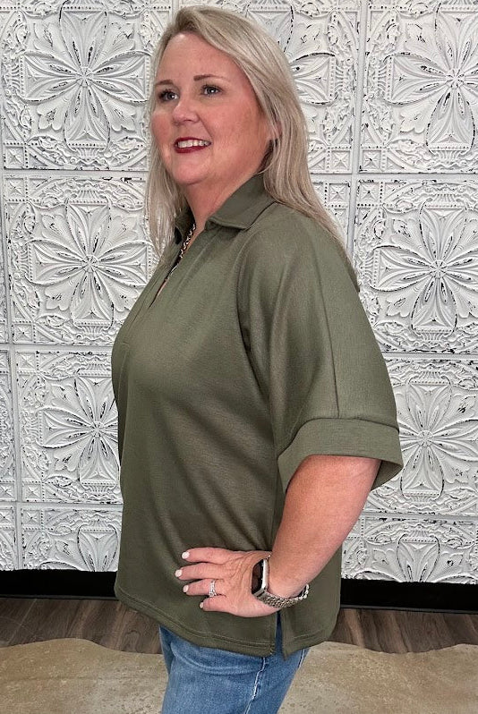 Olive Collared V-Neck Knit Top