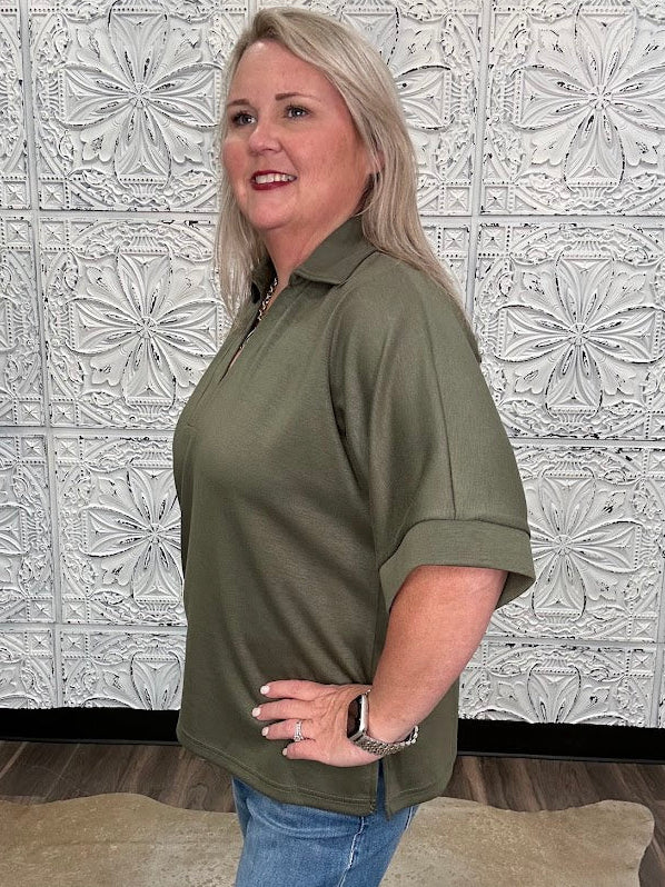Olive Collared V-Neck Knit Top