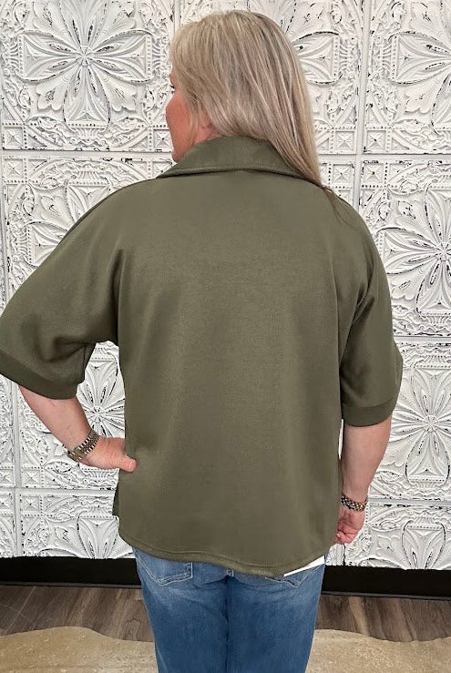 Olive Collared V-Neck Knit Top