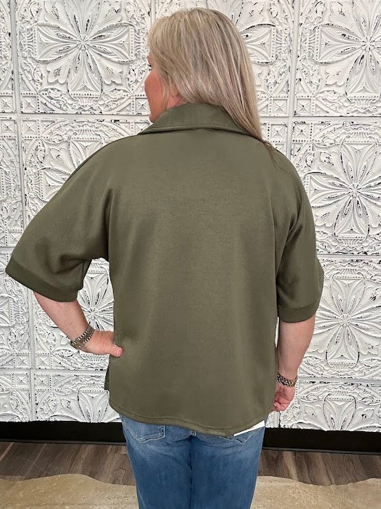 Olive Collared V-Neck Knit Top