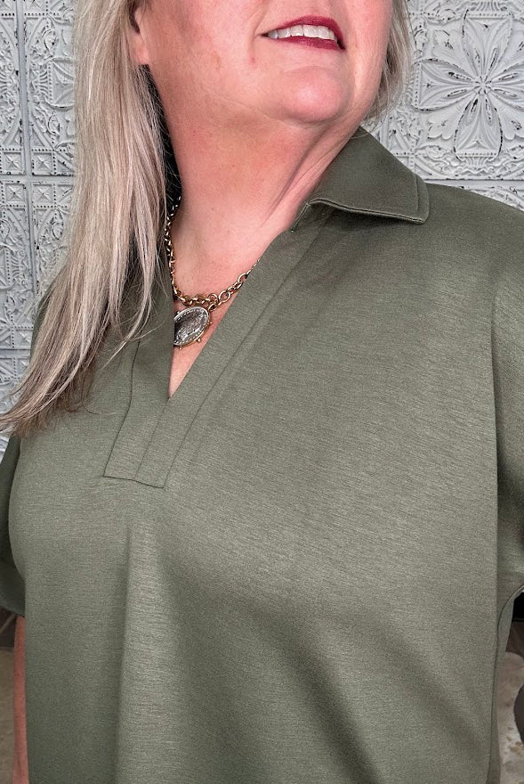 Olive Collared V-Neck Knit Top