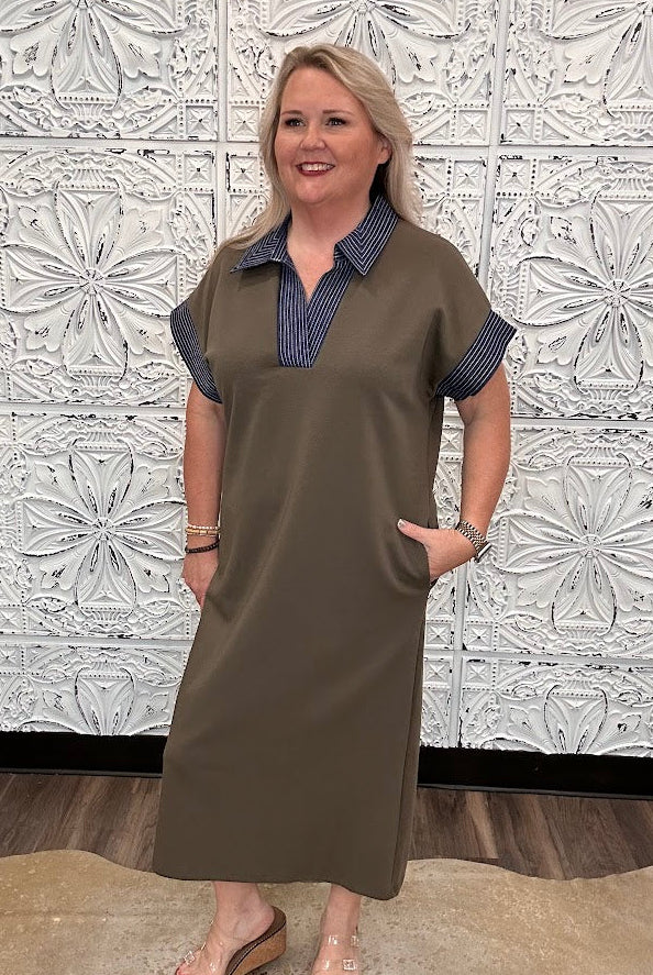 Olive Contrast Collar Knit Midi Dress