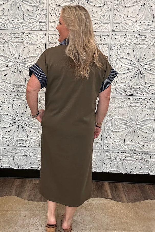 Olive Contrast Collar Knit Midi Dress