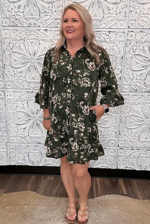 Olive Floral Button Front Tiered Dress