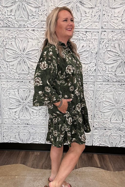 Olive Floral Button Front Tiered Dress
