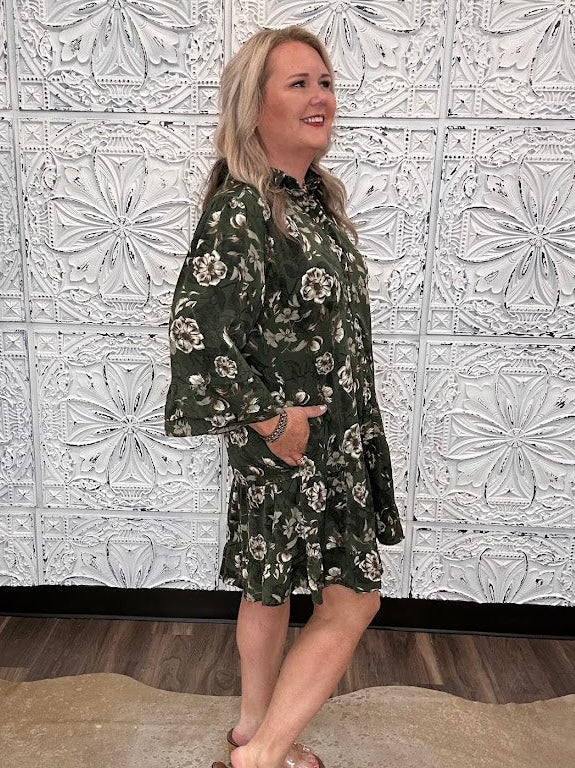 Olive Floral Button Front Tiered Dress