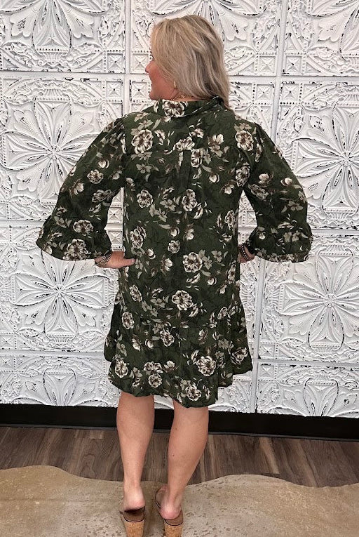 Olive Floral Button Front Tiered Dress