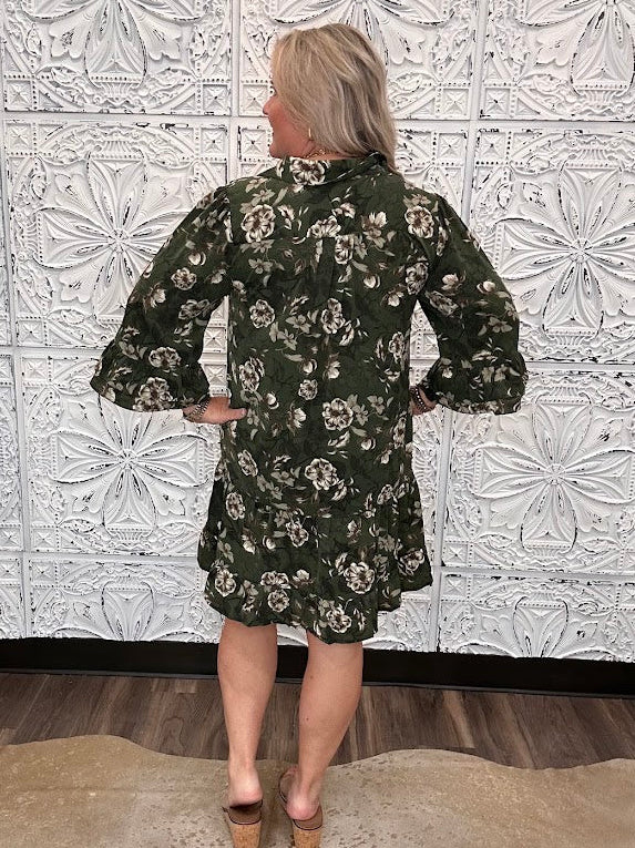 Olive Floral Button Front Tiered Dress