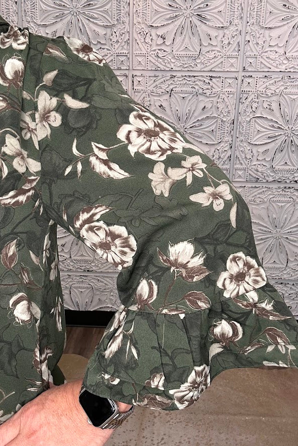 Olive Floral Button Front Tiered Dress