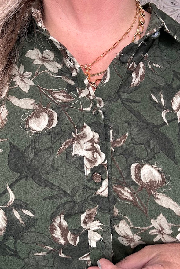 Olive Floral Button Front Tiered Dress