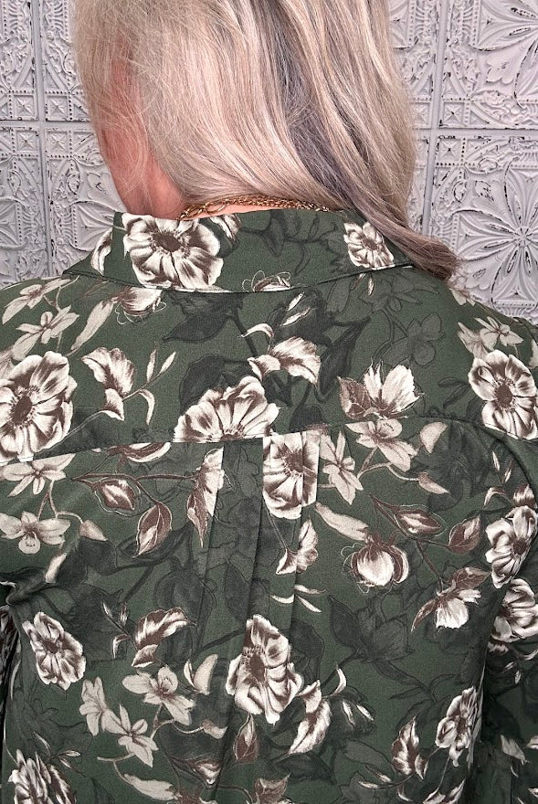 Olive Floral Button Front Tiered Dress