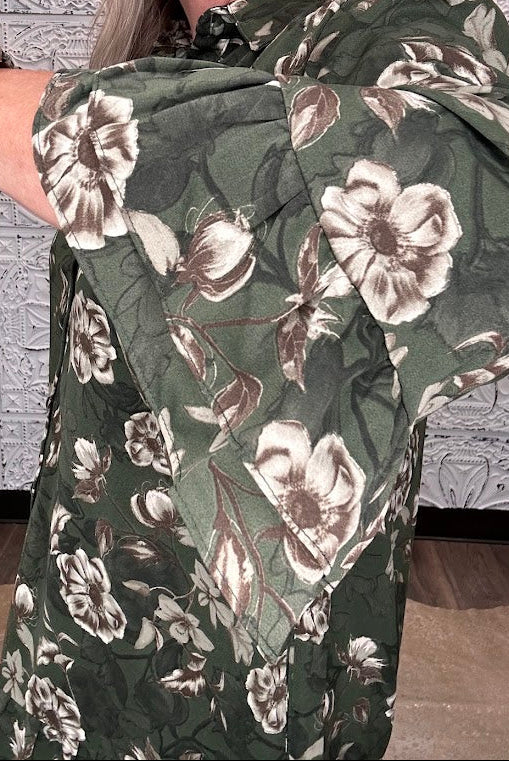 Olive Floral Button Front Tiered Dress