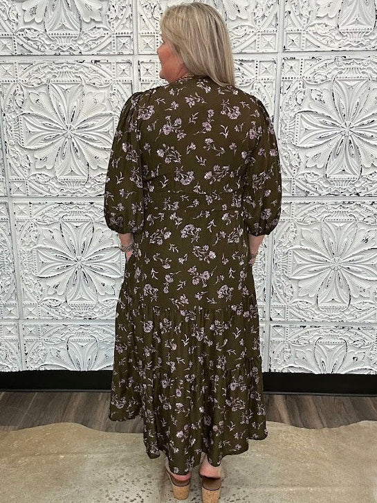 Olive Floral Smocked Waist Midi Dress