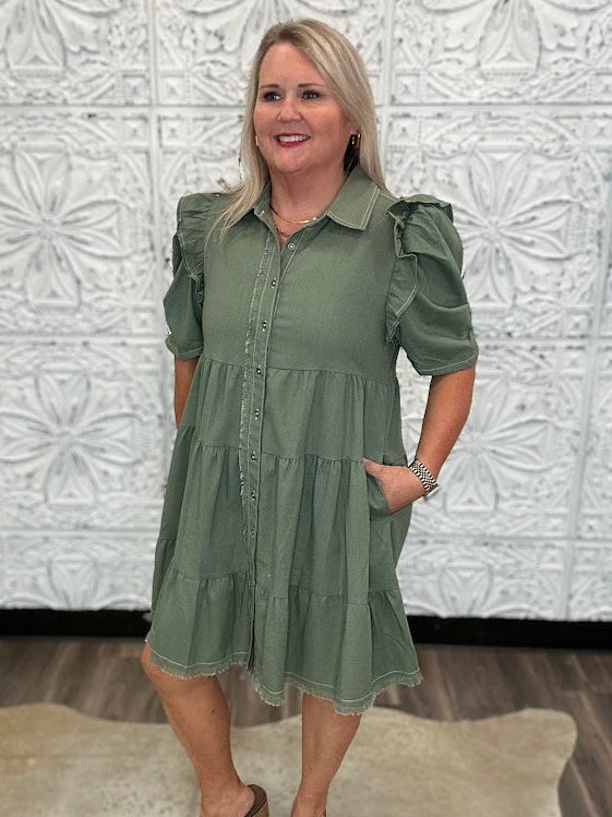 Olive Linen Ruffle Sleeve Shirt Dress
