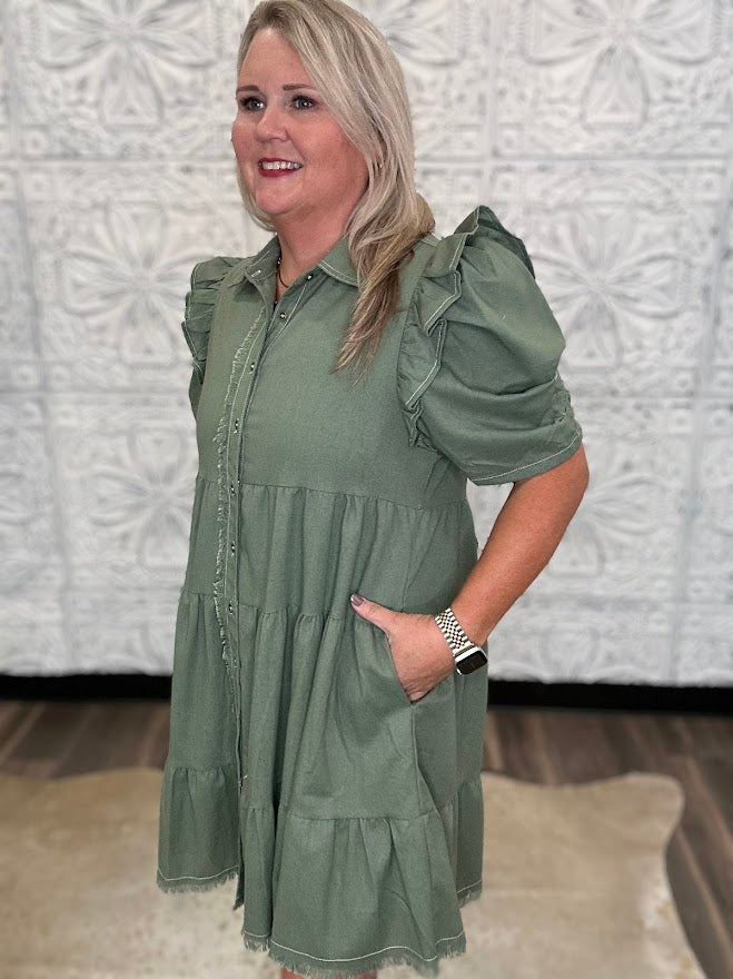 Olive Linen Ruffle Sleeve Tiered Shirt Dress