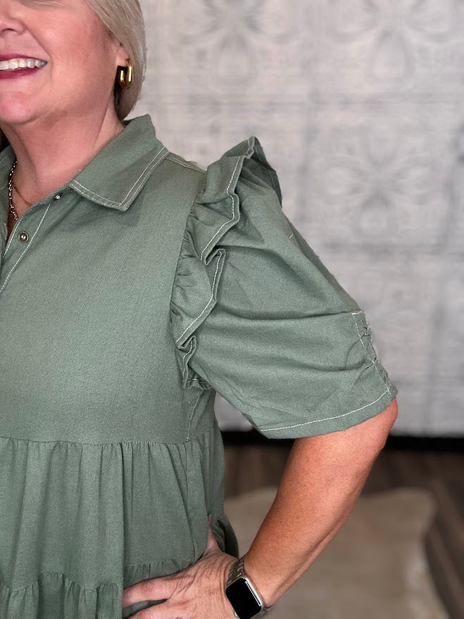 Olive Linen Ruffle Sleeve Tiered Shirt Dress
