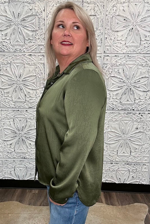 Olive Satin Crinkle Button-Down Blouse
