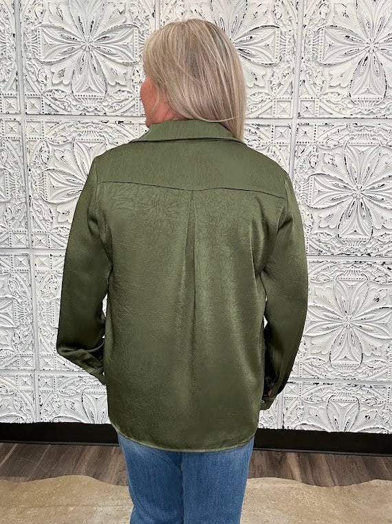 Olive Satin Crinkle Button-Down Blouse