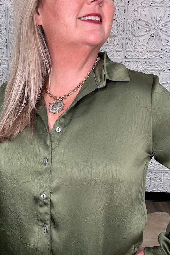 Olive Satin Crinkle Button-Down Blouse