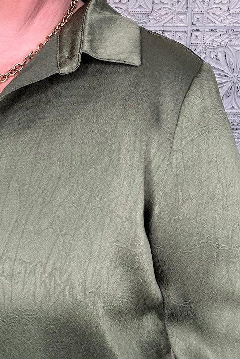 Olive Satin Crinkle Button-Down Blouse