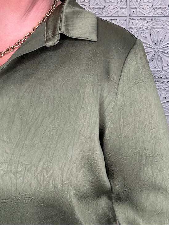 Olive Satin Crinkle Button-Down Blouse