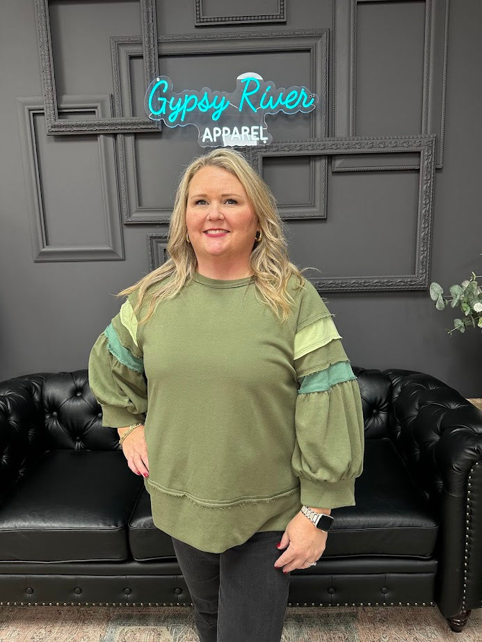 olive sweatshirt, color block sweatshirt, raglan sleeve top, casual sweatshirt women, balloon sleeve sweatshirt, cotton blend sweatshirt