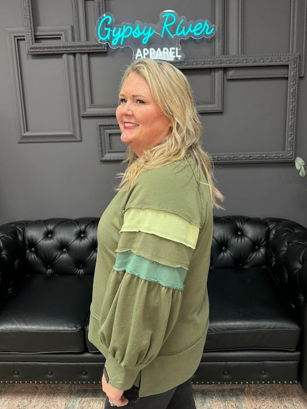 olive sweatshirt, color block sweatshirt, raglan sleeve top, casual sweatshirt women, balloon sleeve sweatshirt, cotton blend sweatshirt