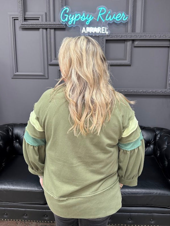 olive sweatshirt, color block sweatshirt, raglan sleeve top, casual sweatshirt women, balloon sleeve sweatshirt, cotton blend sweatshirt