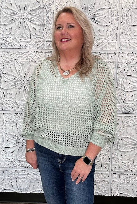 Open Weave Foil Knit V-Neck Sweater