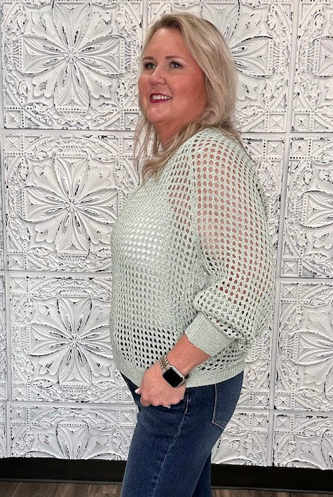 Open Weave Foil Knit V-Neck Sweater