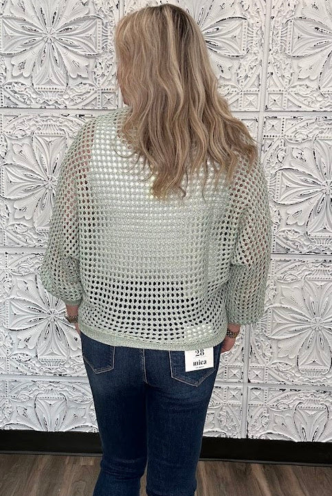 Open Weave Foil Knit V-Neck Sweater