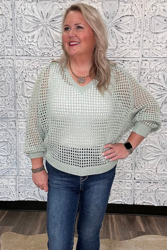 Open Weave Foil Knit V-Neck Sweater