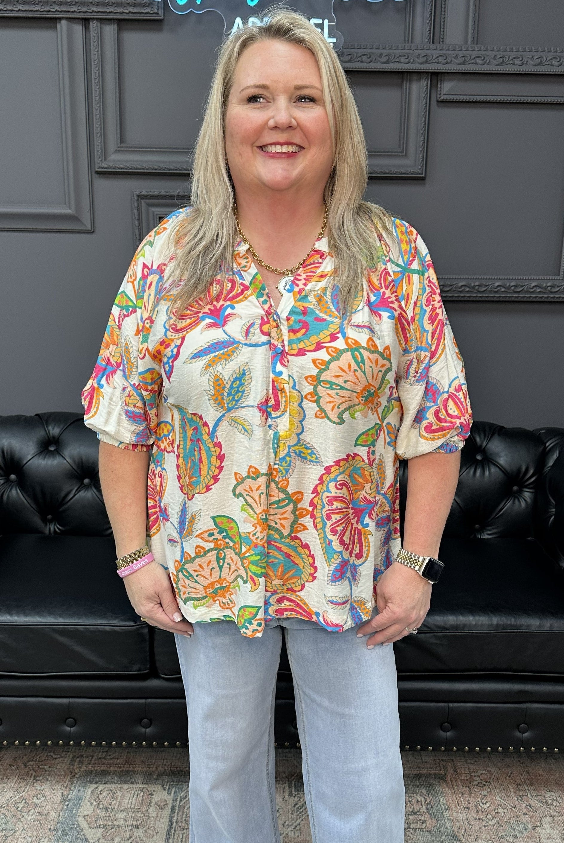 paisley print blouse, colorful paisley top, cream paisley blouse, boutique printed blouse, vibrant women’s blouse, rayon paisley shirt