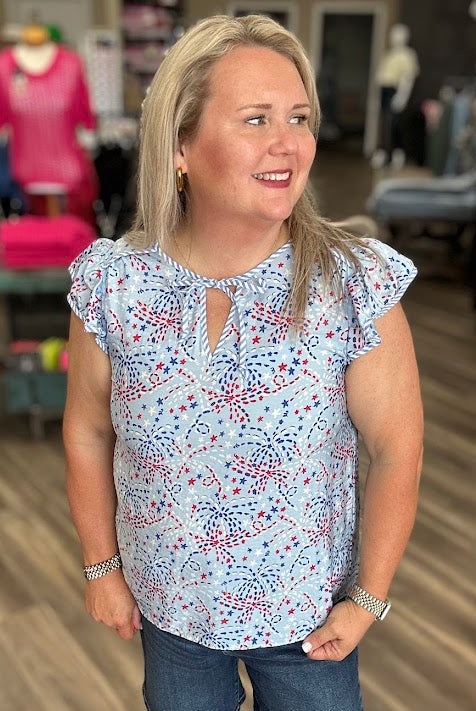 Patriotic Firework Print Flutter Sleeve Top