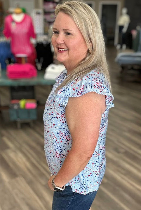 Patriotic Firework Print Flutter Sleeve Top
