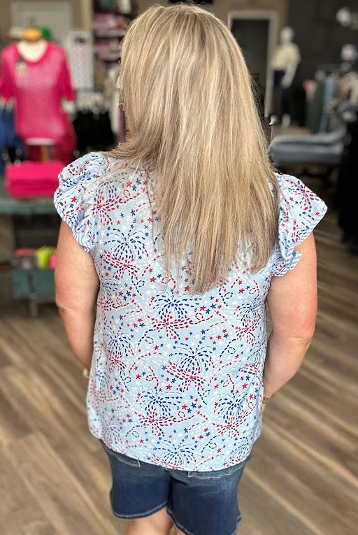 Patriotic Firework Print Flutter Sleeve Top