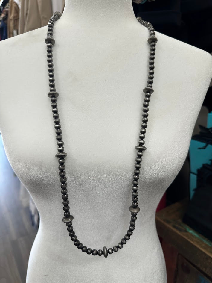 pewter beaded necklace, silver bead necklace, mixed bead strand, layering necklace, neutral jewelry, long beaded necklace, boutique necklace, Gypsy River jewelry