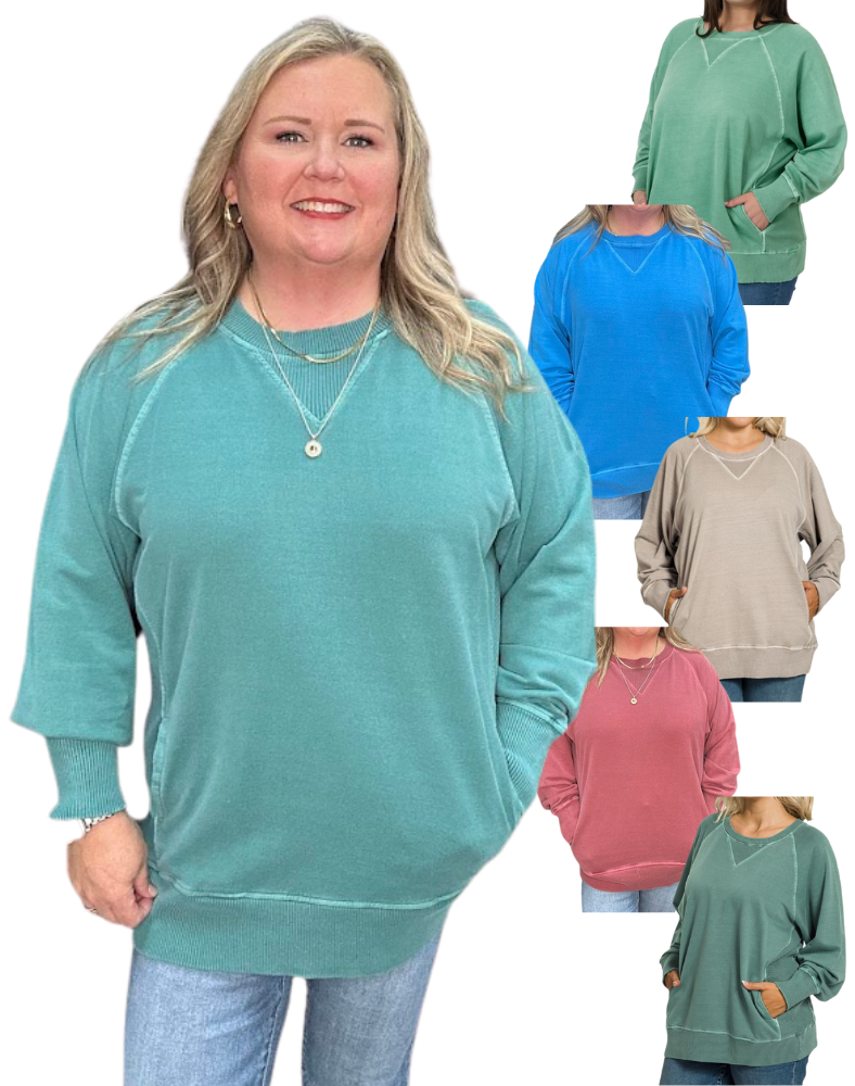 Soft, pigment-dyed cotton terry pullover with pockets. Relaxed fit, ribbed trim. Regular & Curvy.