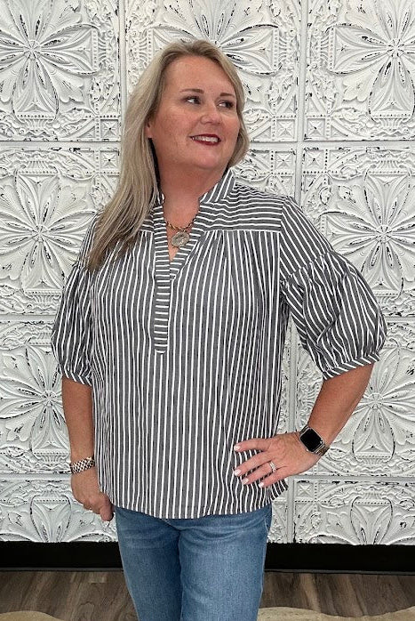 Pinstripe Bubble Sleeve Blouse