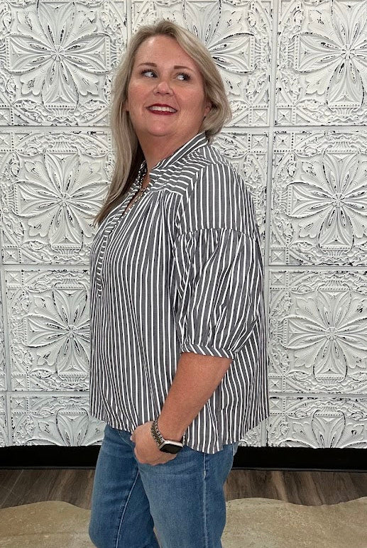 Pinstripe Bubble Sleeve Blouse