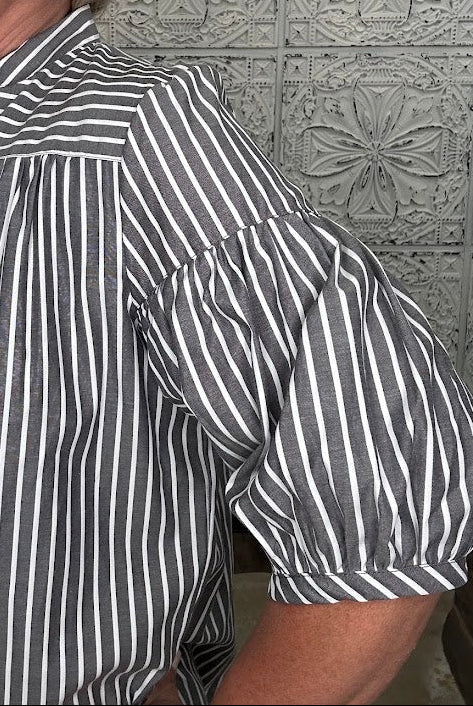 Pinstripe Bubble Sleeve Blouse