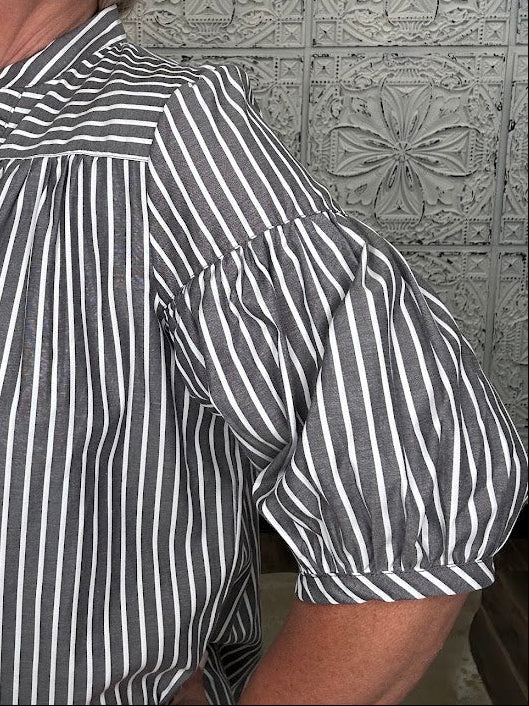 Pinstripe Bubble Sleeve Blouse