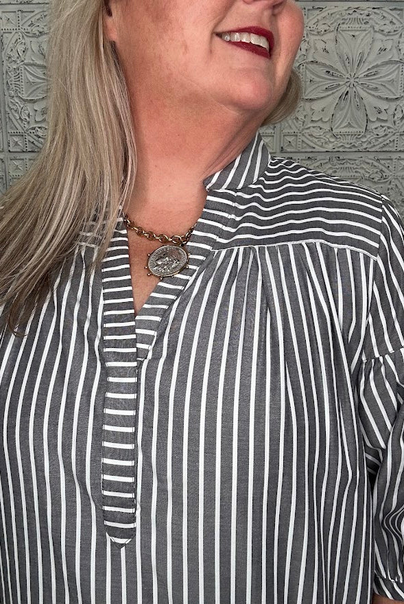 Pinstripe Bubble Sleeve Blouse