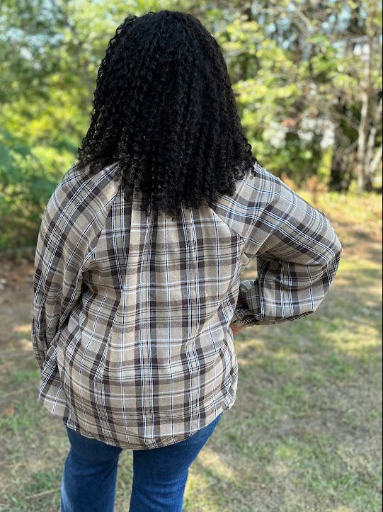 Plaid Button Down Balloon Sleeve Top