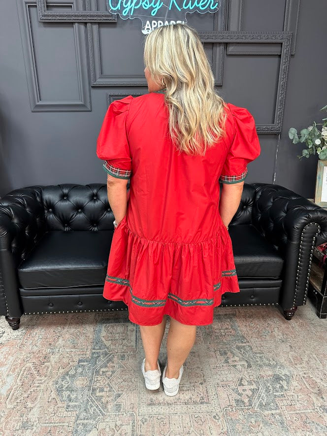 red plaid trim dress, puff sleeve holiday dress, festive mini dress, red Christmas dress, plus size red dress, Gypsy River apparel dresses