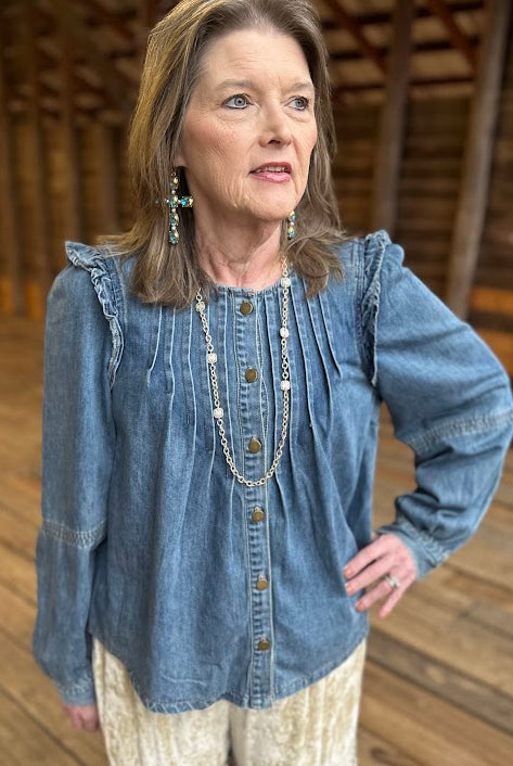 Pleated Ruffle Shoulder Denim Blouse