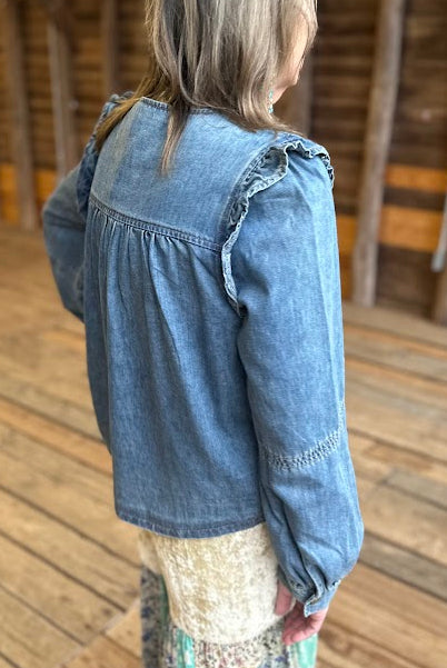 Pleated Ruffle Shoulder Denim Blouse